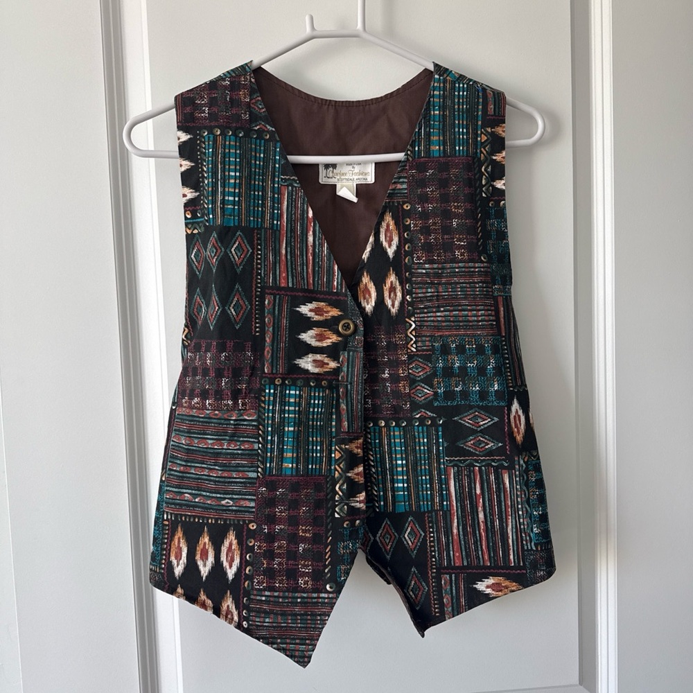 Southwestern Patterned Button Front Vest in Teal & Brown